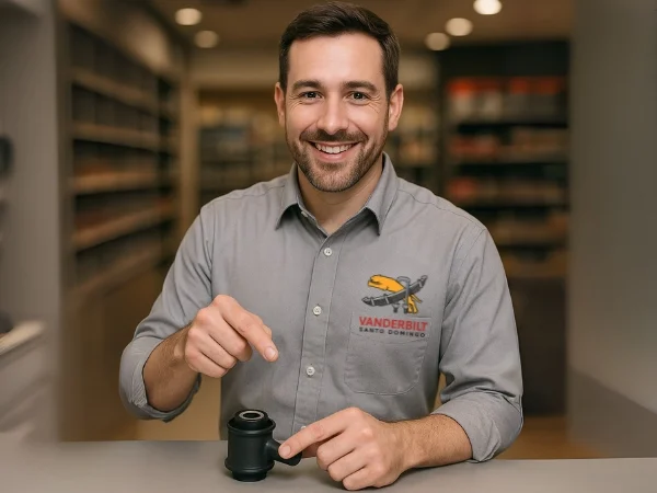 Asesor técnico experto de Vanderbilt mostrando un repuesto automotriz en el mostrador.